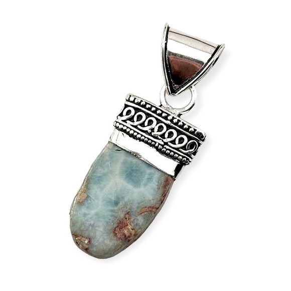 Larimar Natural Caribbean Gemstone 925 Silver Pendant Necklace - Picture 2 of 4